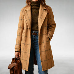 Arlene Windowpane Check Long Coat in Khaki