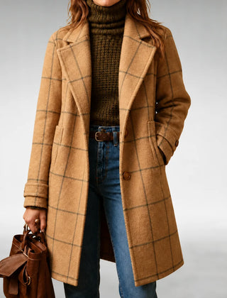 Arlene Windowpane Check Long Coat in Khaki