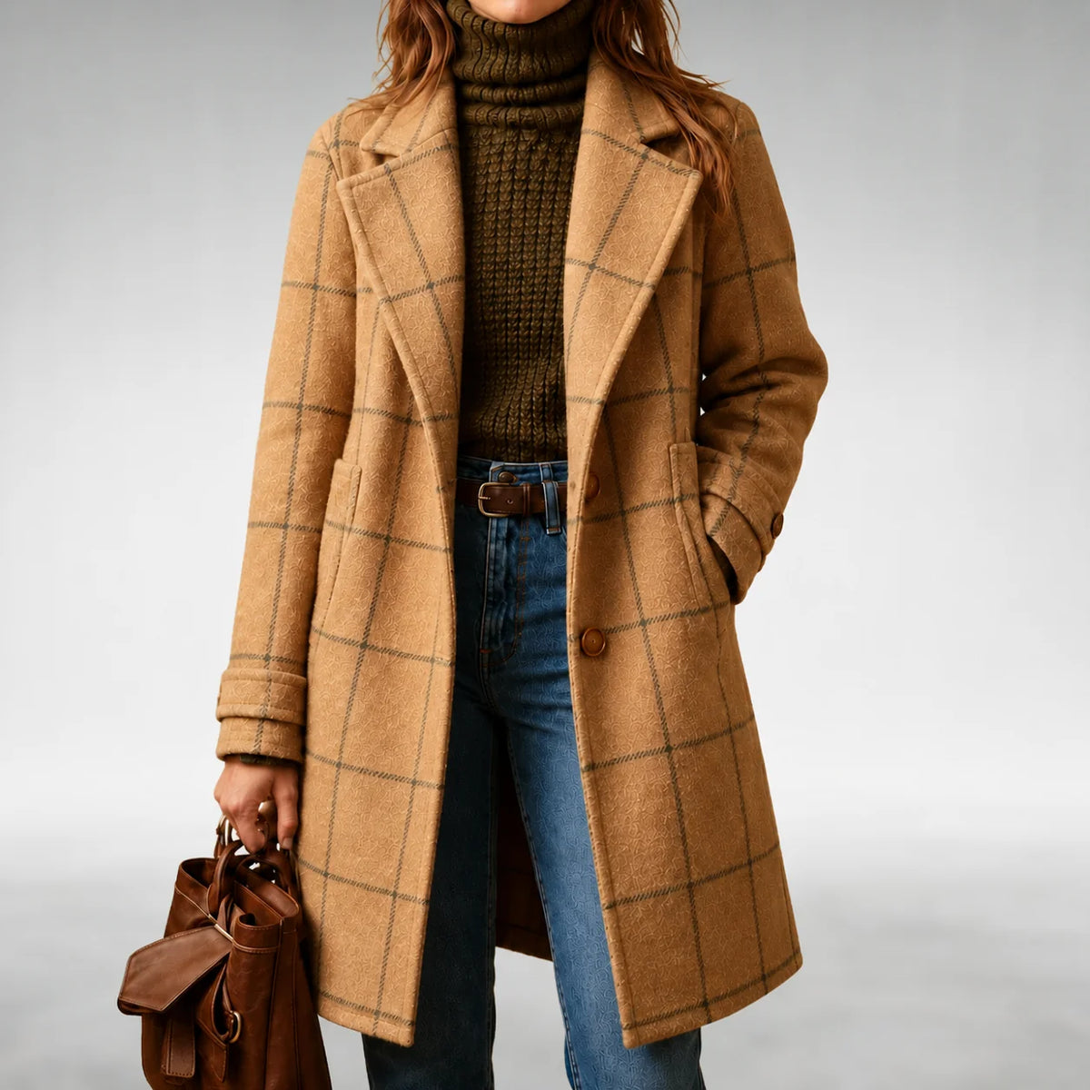Arlene Windowpane Check Long Coat in Khaki