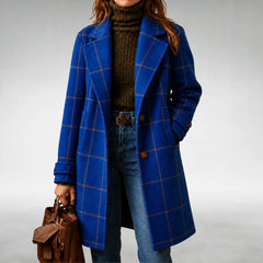 Arlene Windowpane Check Long Coat in Blue