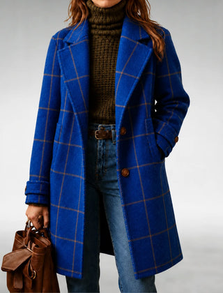 Arlene Windowpane Check Long Coat in Blue