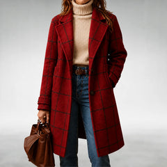 Arlene Windowpane Check Long Coat in Red