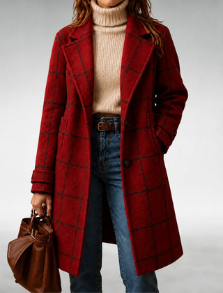 Arlene Windowpane Check Long Coat in Red