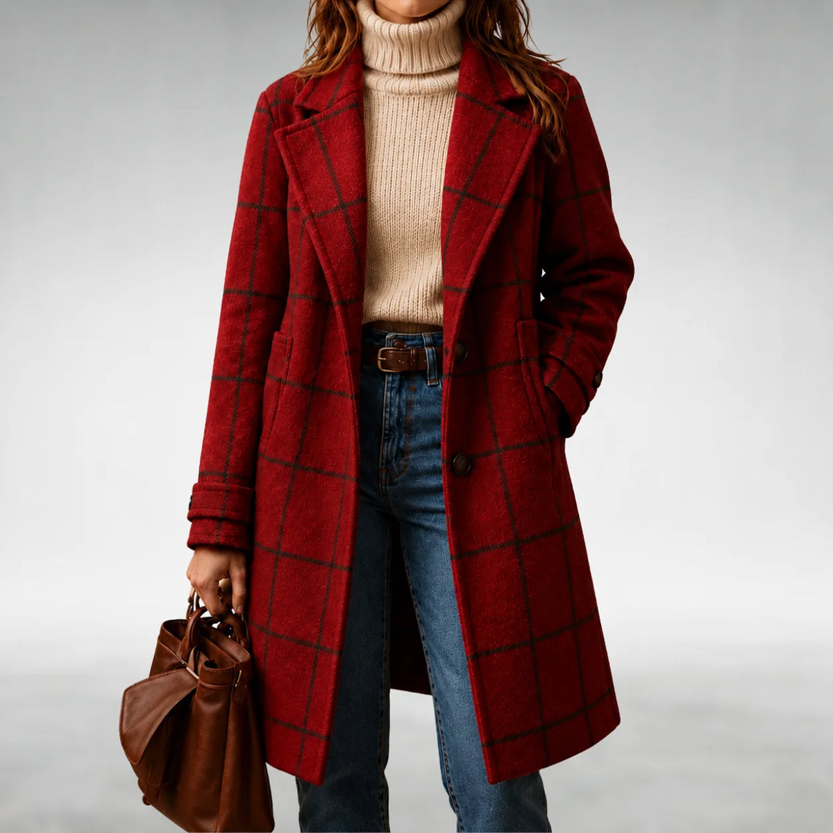 Arlene Windowpane Check Long Coat in Red