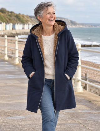 Audrey Plush-Lined Hooded Longline Coat in Navy