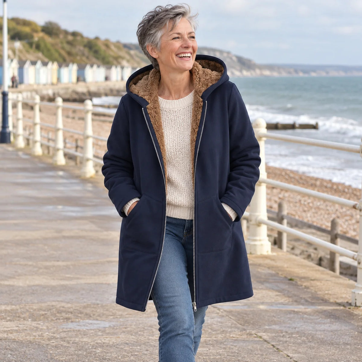 Audrey Plush-Lined Hooded Longline Coat in Navy