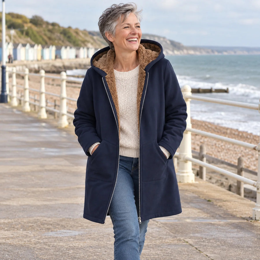 Audrey Plush-Lined Hooded Longline Coat in Navy
