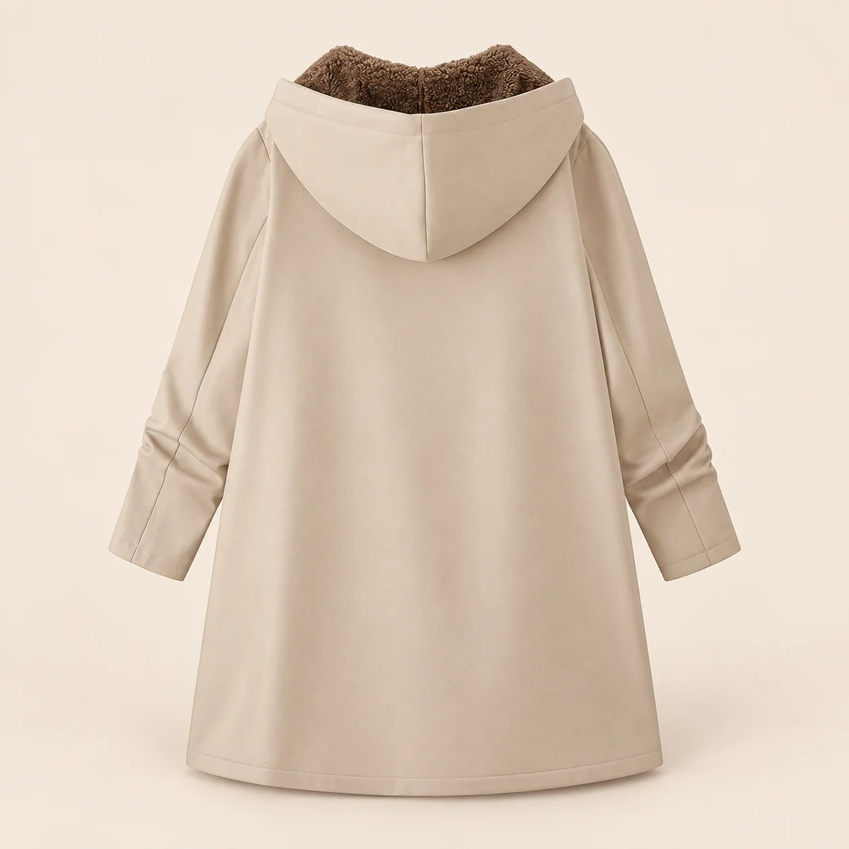 Audrey Plush-Lined Hooded Longline Coat in Beige