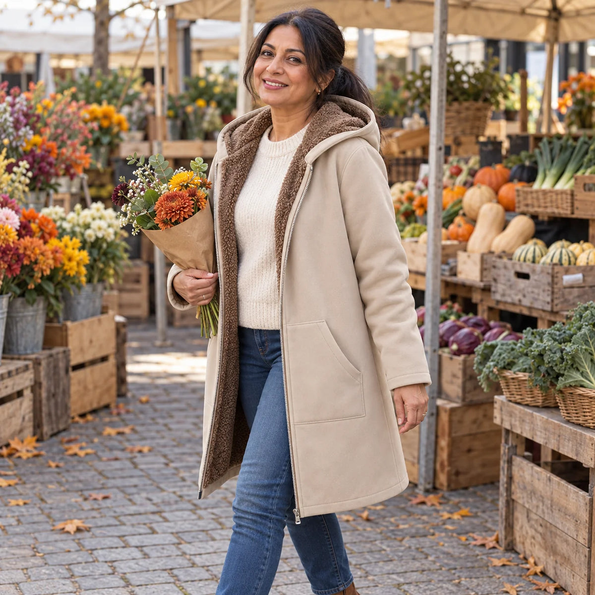 Audrey Plush-Lined Hooded Longline Coat in Beige