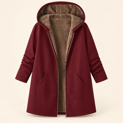 Audrey Plush-Lined Hooded Longline Coat in Burgundy