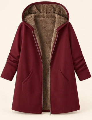 Audrey Plush-Lined Hooded Longline Coat in Burgundy