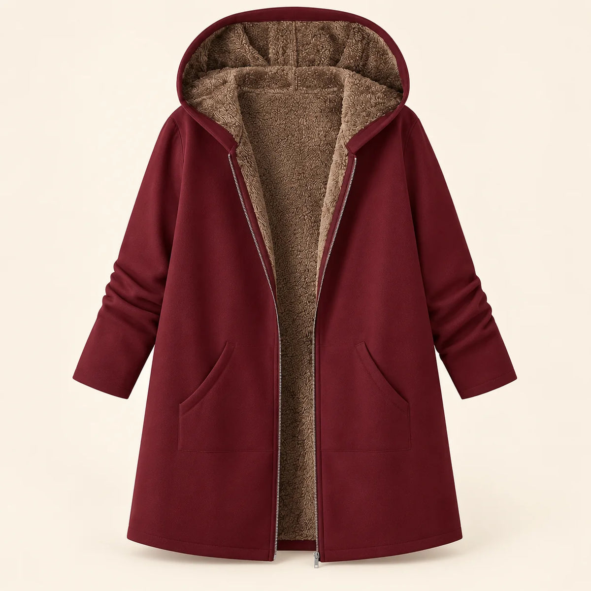 Audrey Plush-Lined Hooded Longline Coat in Burgundy