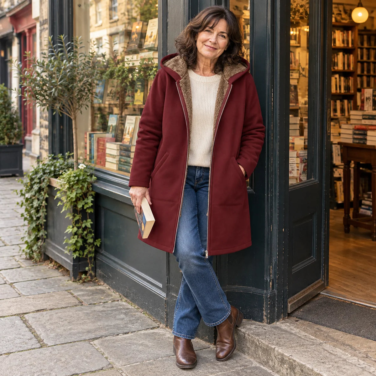 Audrey Plush-Lined Hooded Longline Coat in Burgundy