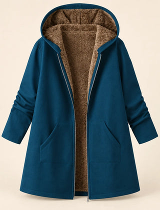 Audrey Plush-Lined Hooded Longline Coat in Teal Blue