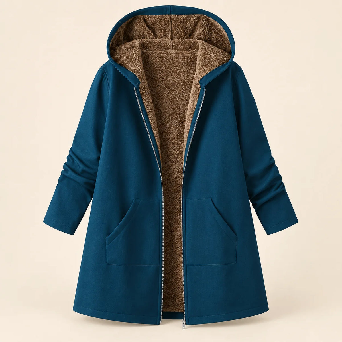 Audrey Plush-Lined Hooded Longline Coat in Teal Blue