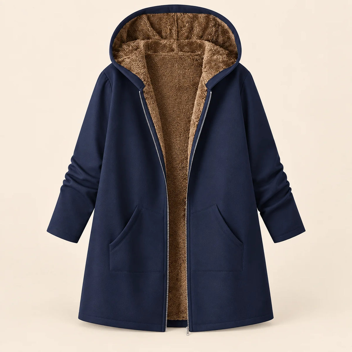 Audrey Plush-Lined Hooded Longline Coat in Navy