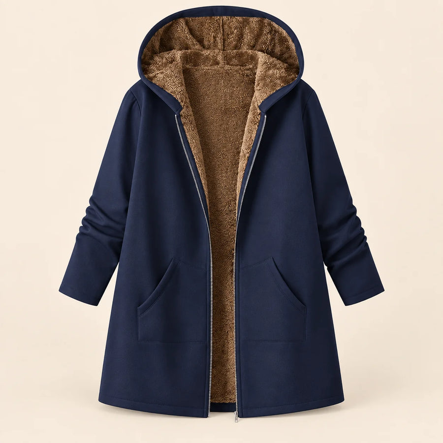 Audrey Plush-Lined Hooded Longline Coat in Navy