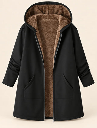 Audrey Plush-Lined Hooded Longline Coat in Black