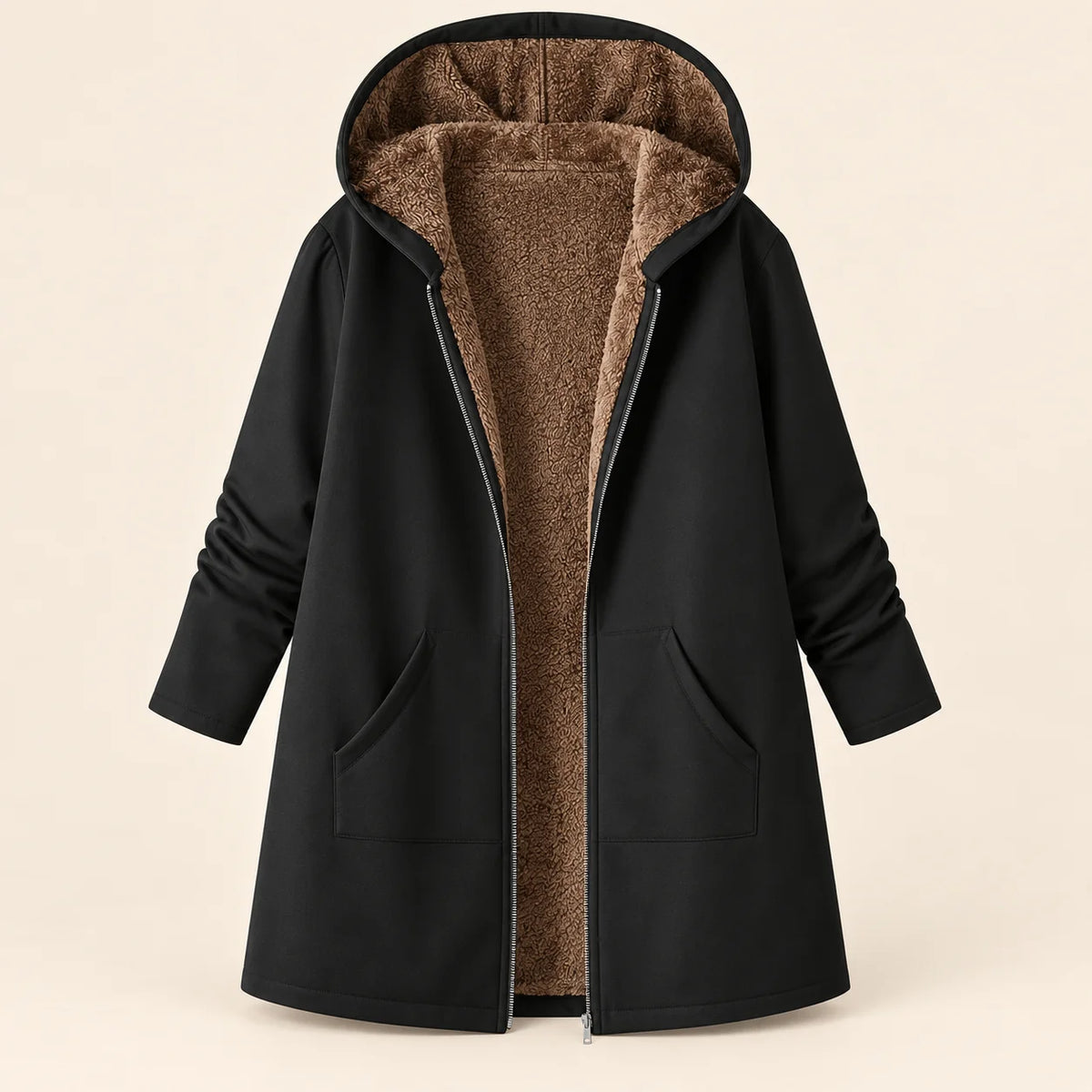 Audrey Plush-Lined Hooded Longline Coat in Black