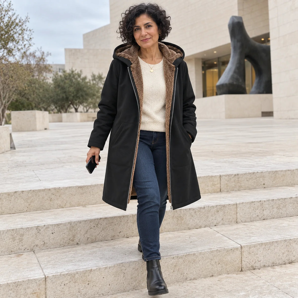 Audrey Plush-Lined Hooded Longline Coat in Black