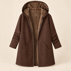 Audrey Plush-Lined Hooded Longline Coat in Coffee Brown