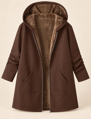 Audrey Plush-Lined Hooded Longline Coat in Coffee Brown