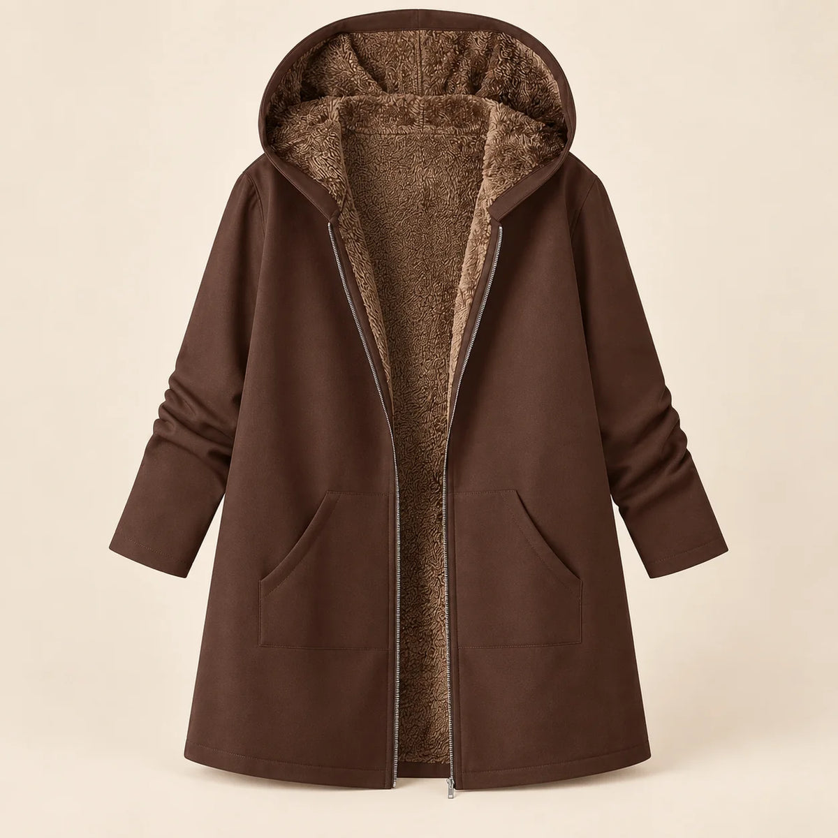 Audrey Plush-Lined Hooded Longline Coat in Coffee Brown