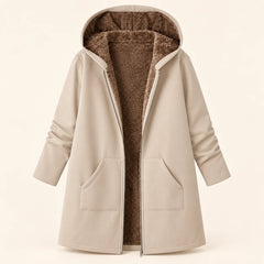 Audrey Plush-Lined Hooded Longline Coat in Beige