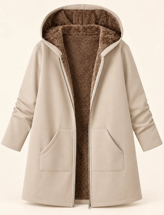 Audrey Plush-Lined Hooded Longline Coat in Beige
