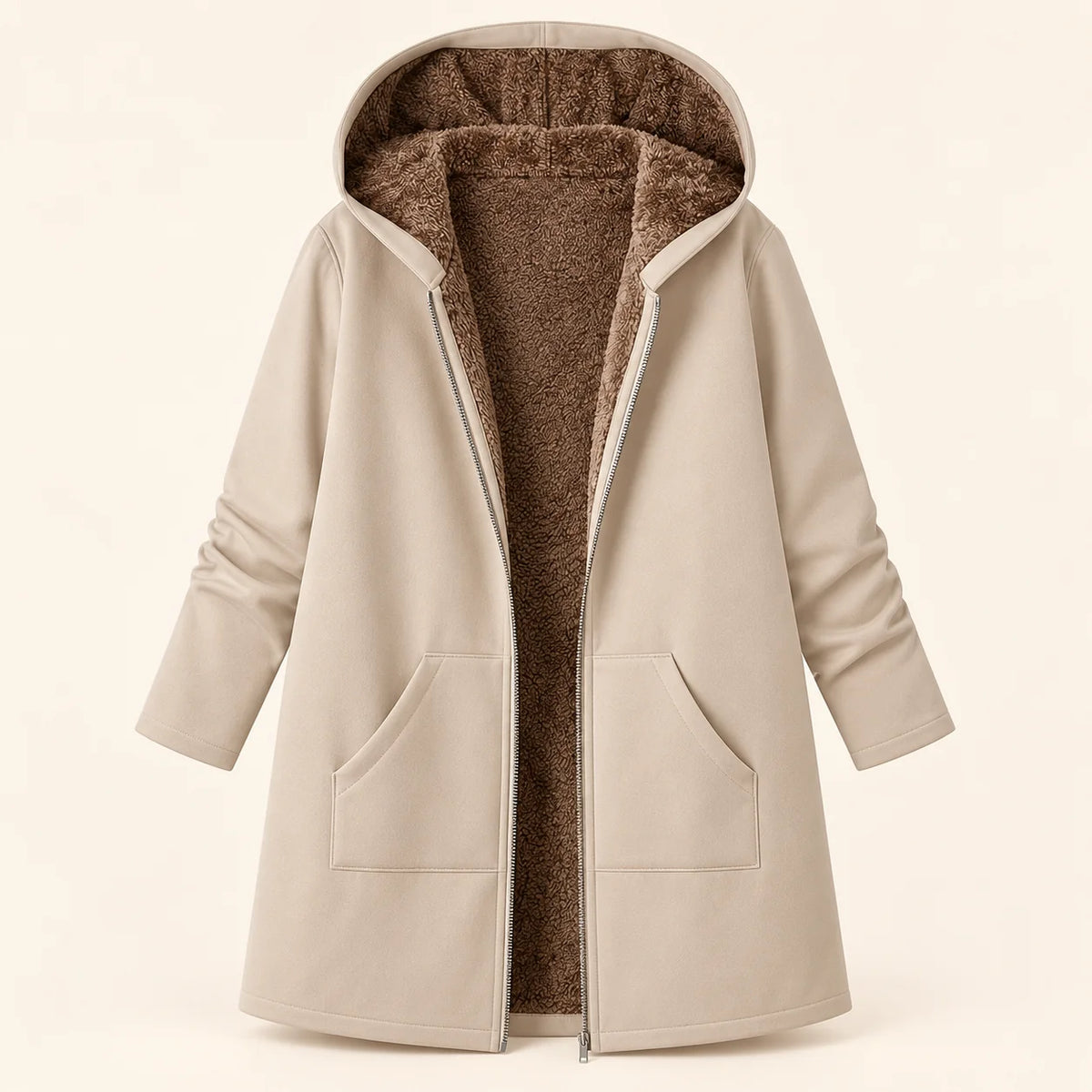 Audrey Plush-Lined Hooded Longline Coat in Beige