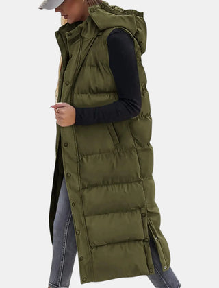 Ava Hooded Long Puffer Vest in Olive Green
