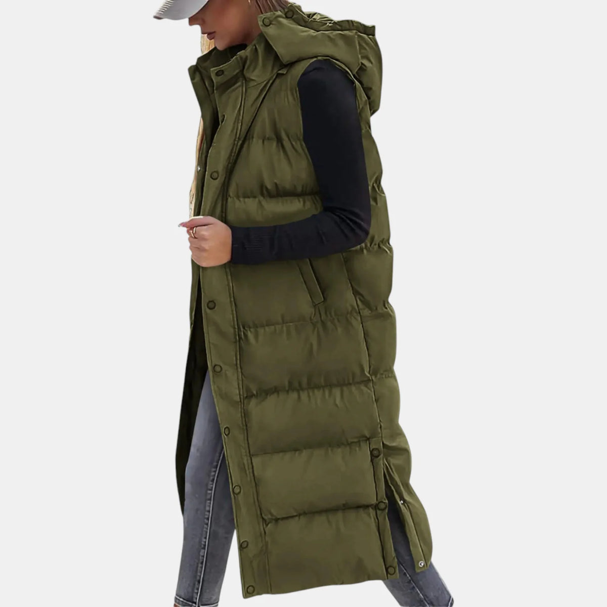 Ava Hooded Long Puffer Vest in Olive Green