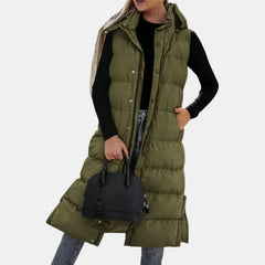 Ava Hooded Long Puffer Vest in Olive Green