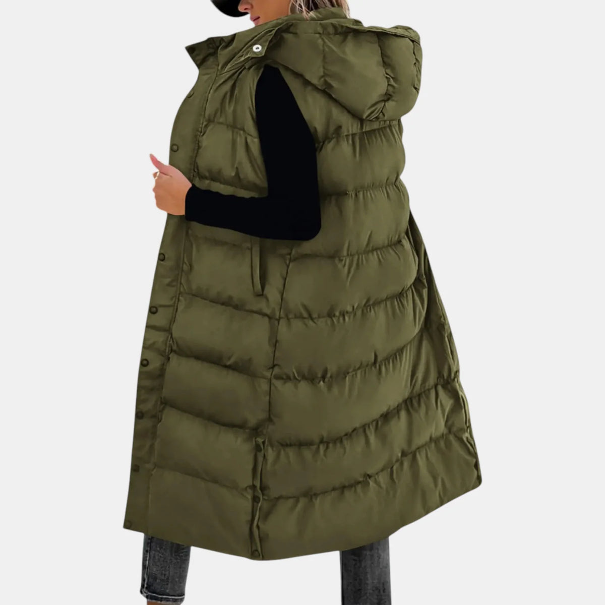 Ava Hooded Long Puffer Vest in Olive Green