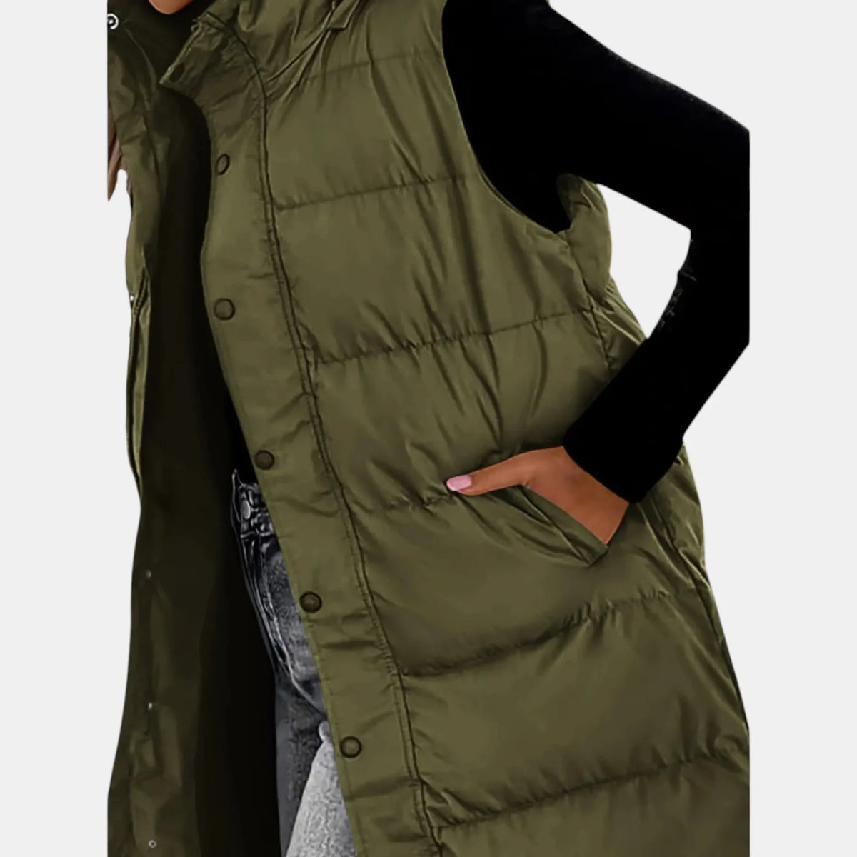 Ava Hooded Long Puffer Vest in Olive Green