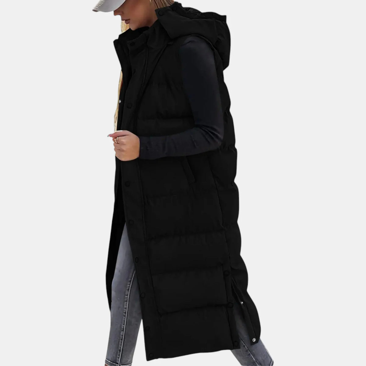 Ava Hooded Long Puffer Vest in Black