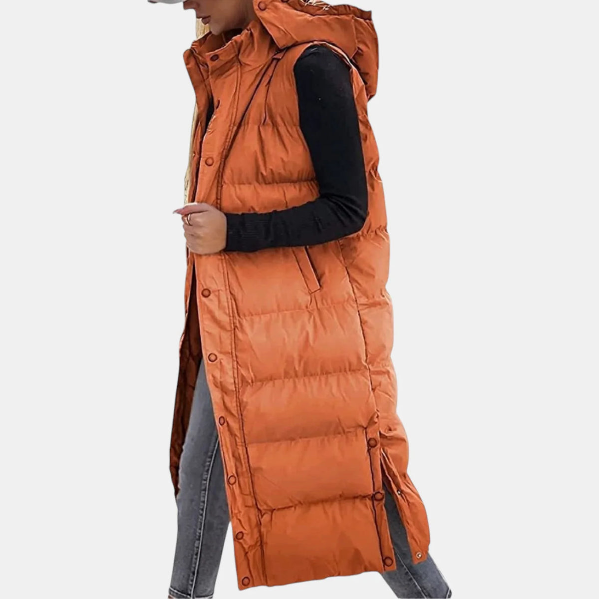 Ava Hooded Long Puffer Vest in Orange
