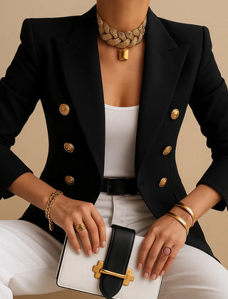 Barbara Gold Button Double-Breasted Blazer in Black
