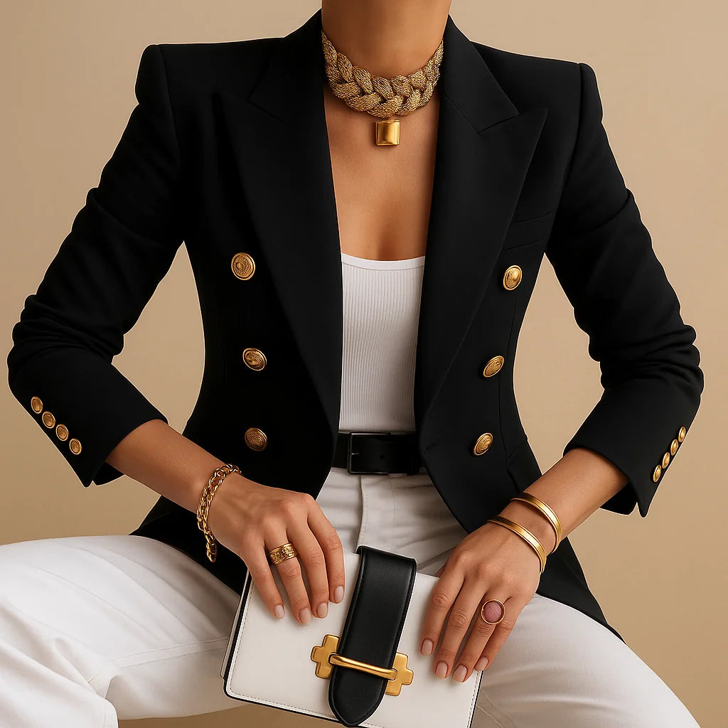 Barbara Gold Button Double-Breasted Blazer in Black