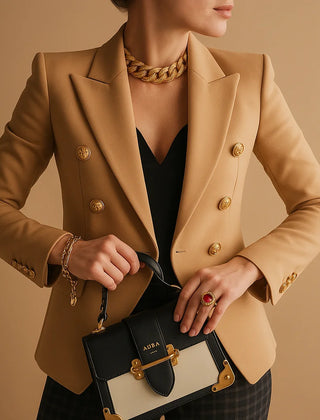 Barbara Gold Button Double-Breasted Blazer in Brown