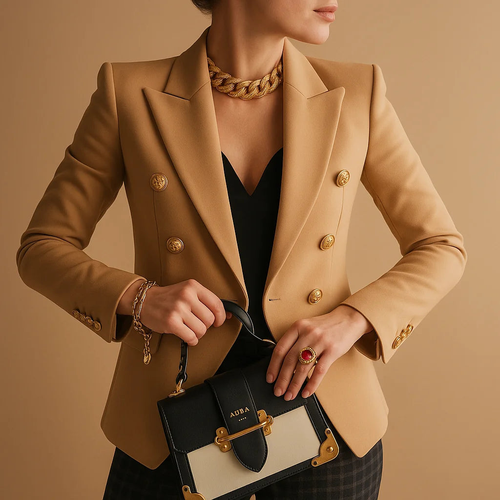 Barbara Gold Button Double-Breasted Blazer in Brown