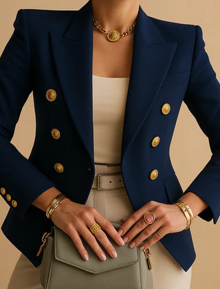 Barbara Gold Button Double-Breasted Blazer in Navy