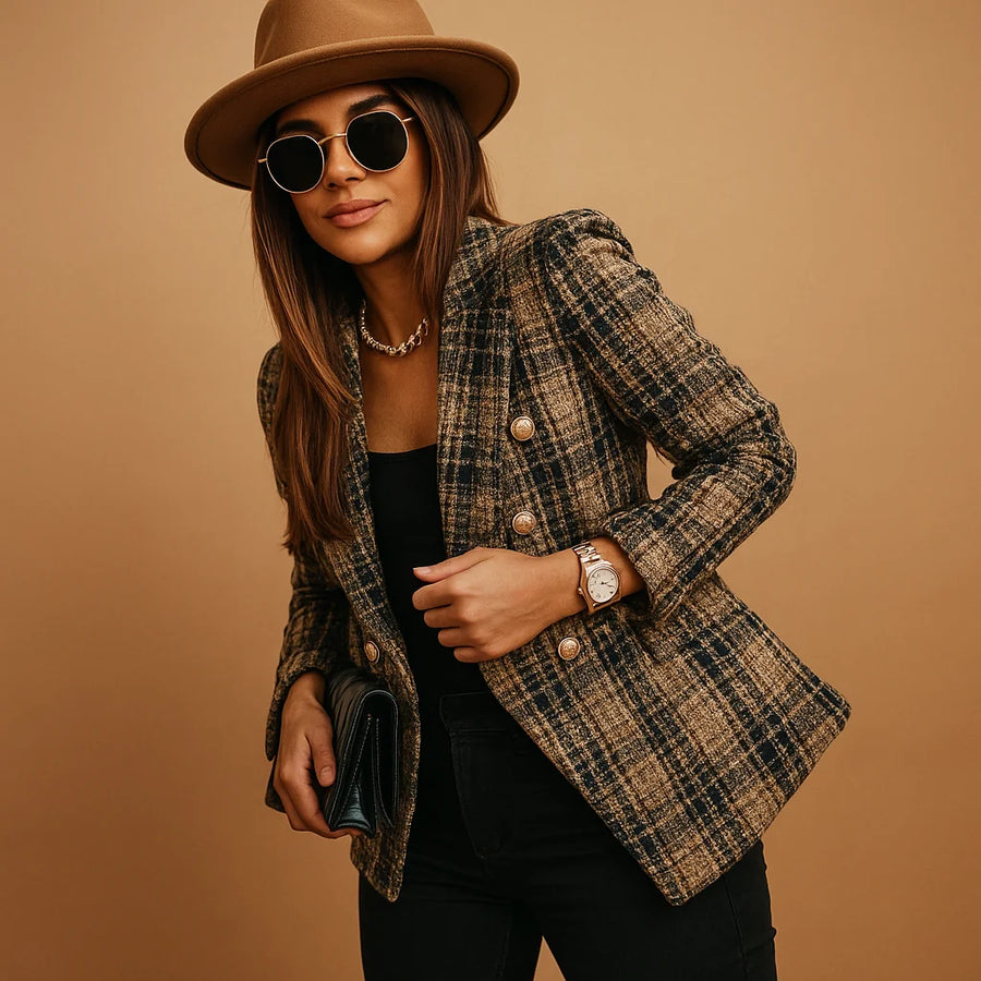 Beatrice Plaid Double-Breasted Blazer in Brown Plaid