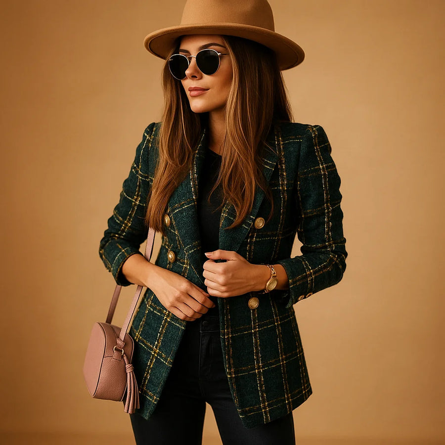 Beatrice Plaid Double-Breasted Blazer in Green Plaid