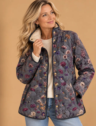 Beth Wildflower Print Quilted Jacket in Grey Floral