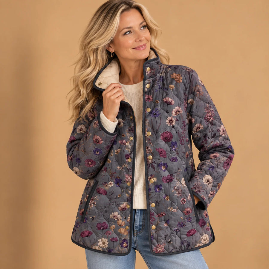 Beth Wildflower Print Quilted Jacket in Grey Floral