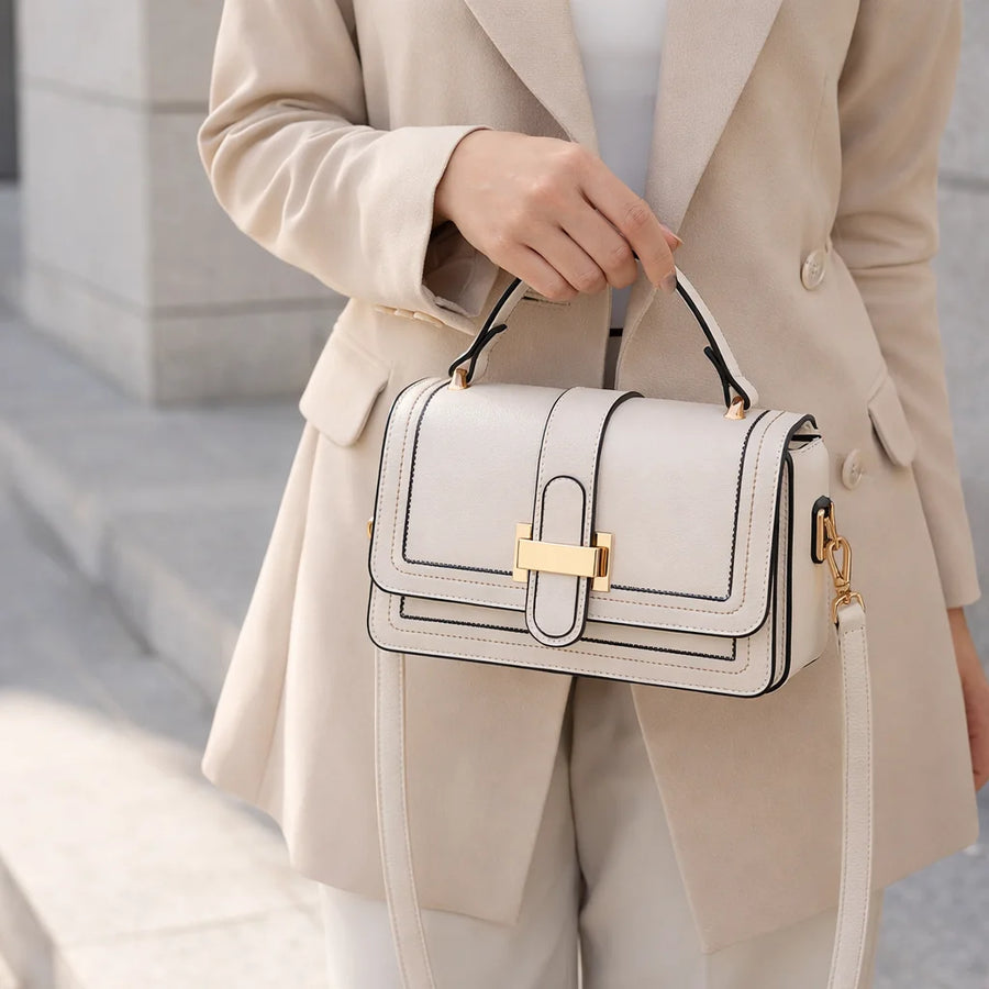 Bethany Buckle Flap Top Handle Bag in Cream