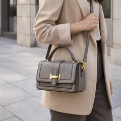 Bethany Buckle Flap Top Handle Bag in Taupe Grey