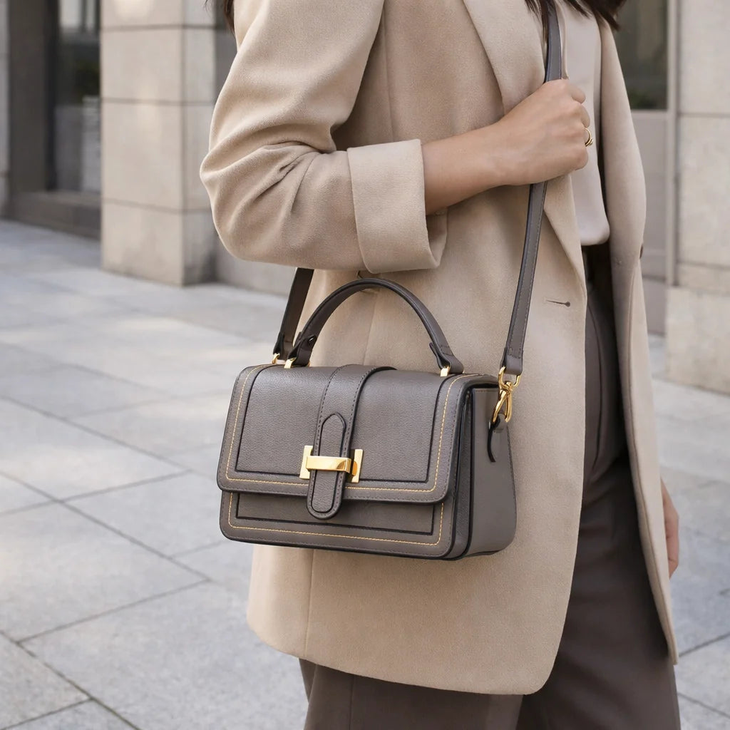 Bethany Buckle Flap Top Handle Bag in Taupe Grey