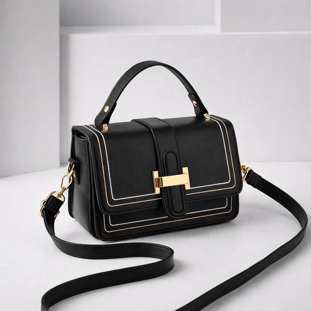 Bethany Buckle Flap Top Handle Bag in Black